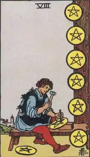 8 of Pentacle from Rider Waite Smith Tarot