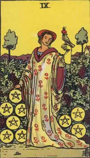 Nine of Pentacles from Rider-Waite-Smith tarot deck